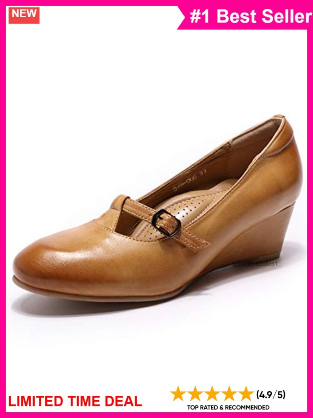 Handmade Leather Mary Jane Closed Toe Wedge Pump Mid Heel Shoes